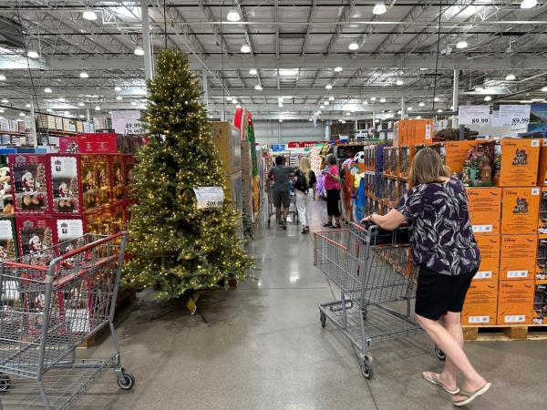 Shopper passes by Christmas tree on display in a Costco warehouse.