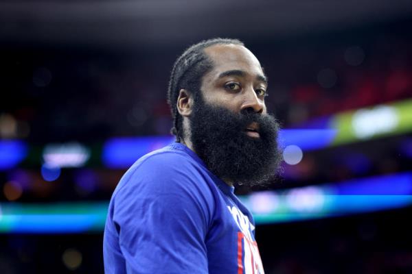 PHILADELPHIA, PENNSYLVANIA - MAY 11: James Harden #1 of the Philadelphia 76ers looks on prior to game six of the Eastern Conference Semifinals in the 2023 NBA Playoffs against the Boston Celtics at Wells Fargo Center on May 11, 2023 in Philadelphia, Pennsylvania. NOTE TO USER: User expressly acknowledges and agrees that, by downloading and or using this photograph, User is consenting to the terms and conditions of the Getty Images License Agreement. (Photo by Tim Nwachukwu/Getty Images)