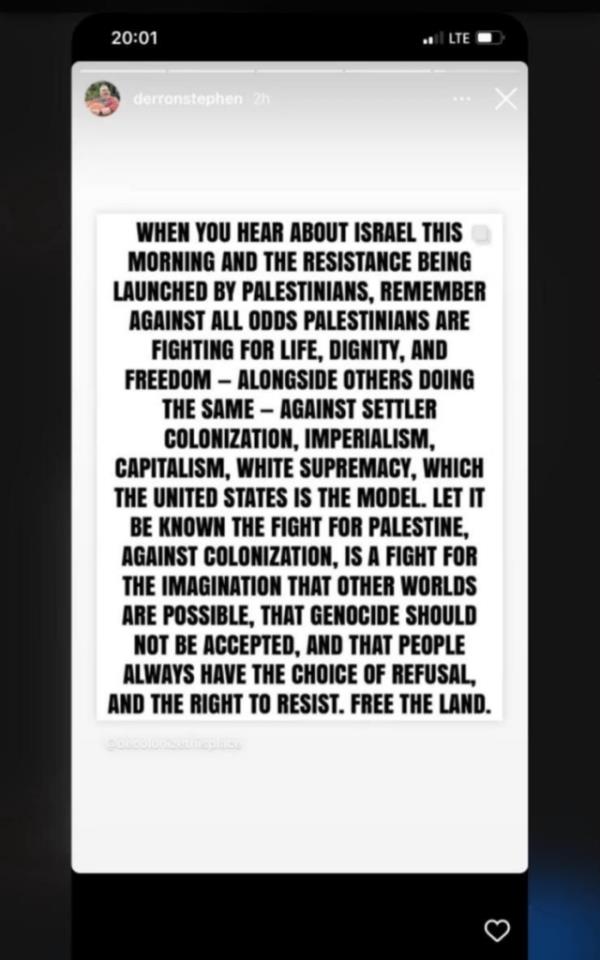 Borders voiced his support for Palestine and criticized the Jewish State for perpetuating "colonization, imperialism, capitalism, white supremacy."