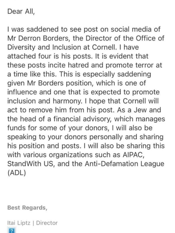 A letter was sent to Cornell University regarding Borders' comments on social media.
